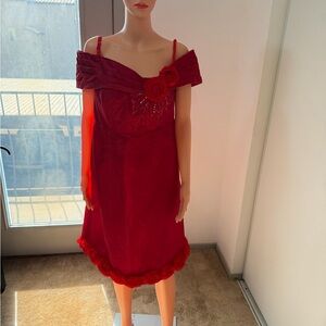Vintage Red Satin Off Shoulder Cocktail Dress Rosette Party Dress